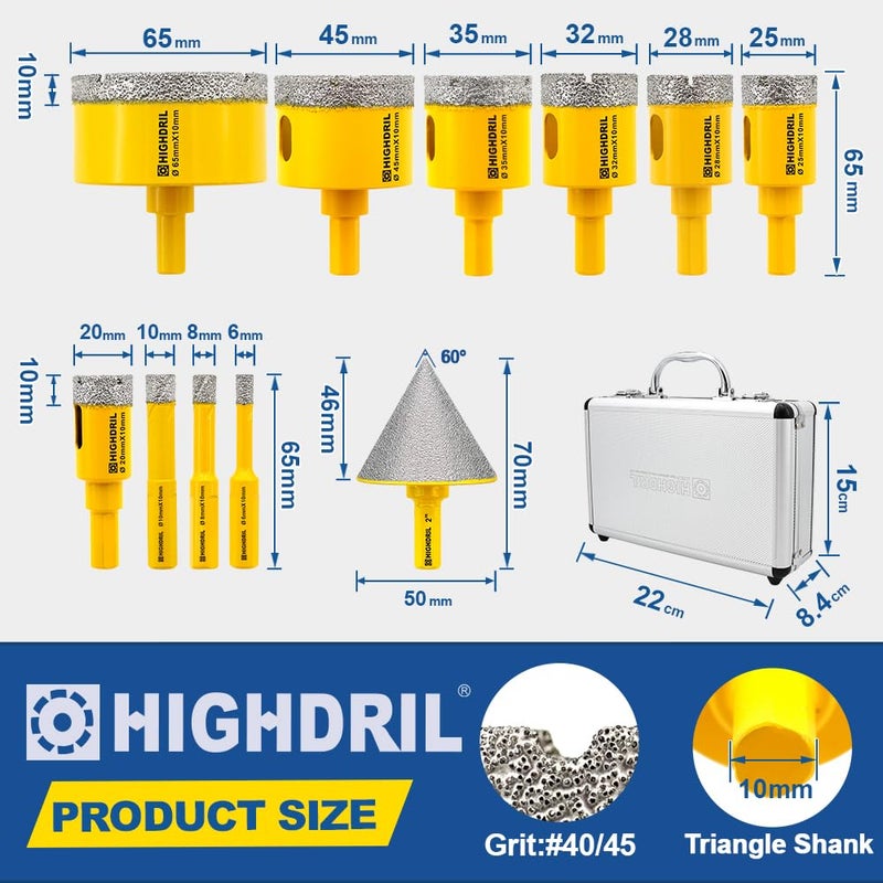 HIGHDRIL 11Pcs Diamond Hole Saw Kit - 1/4", 5/16", 3/8", 4/5", 1", 1-1/8", 1-1/4", 1-3/8", 1-3/4", 2-1/2" Drill Bits with 2" Chamfer Beveling Bit for Tile Porcelain Ceramic Granite Marble Stone - Image 2
